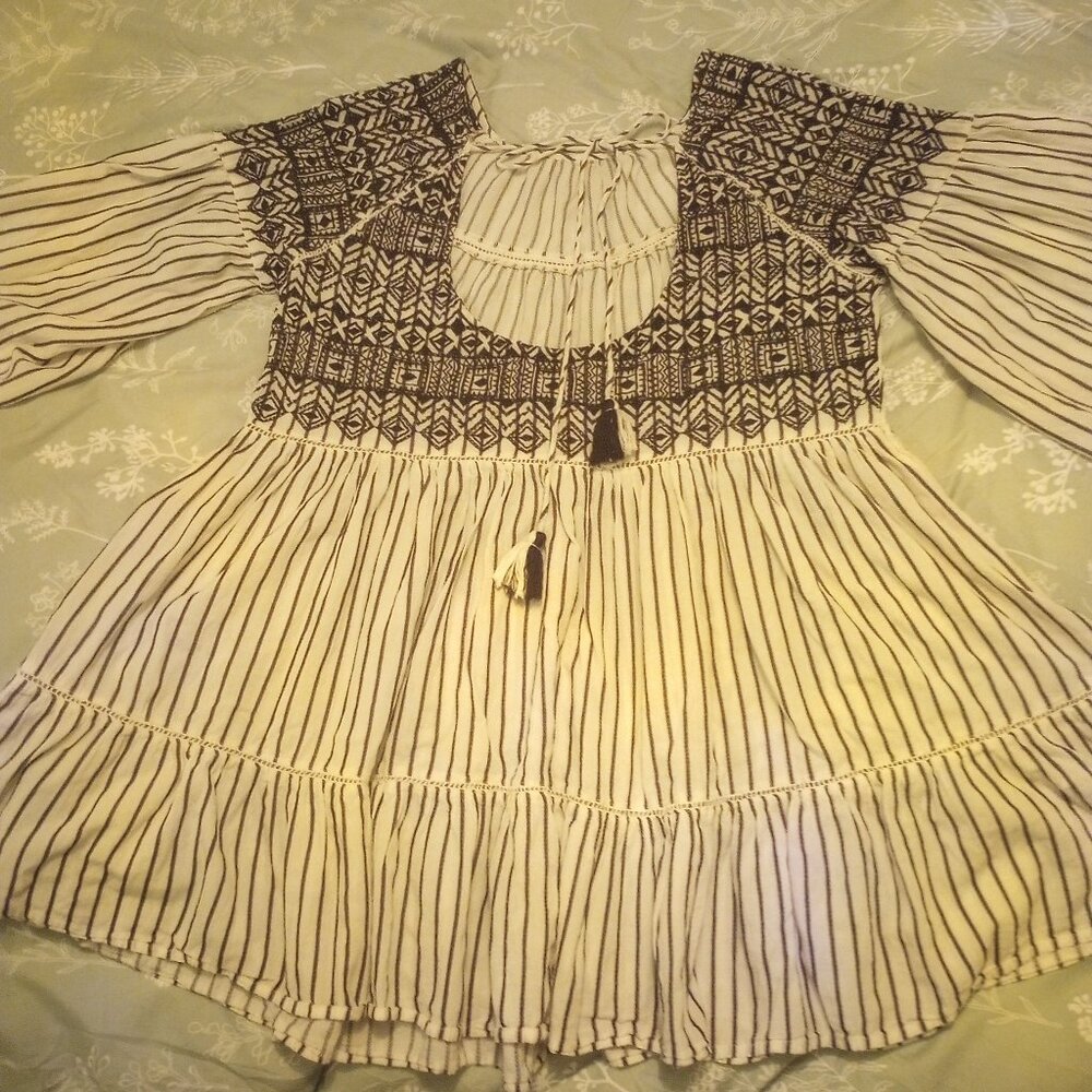 Free people Lola embroidered mini dress striped tier open back blk & wte M - Picture 11 of 11